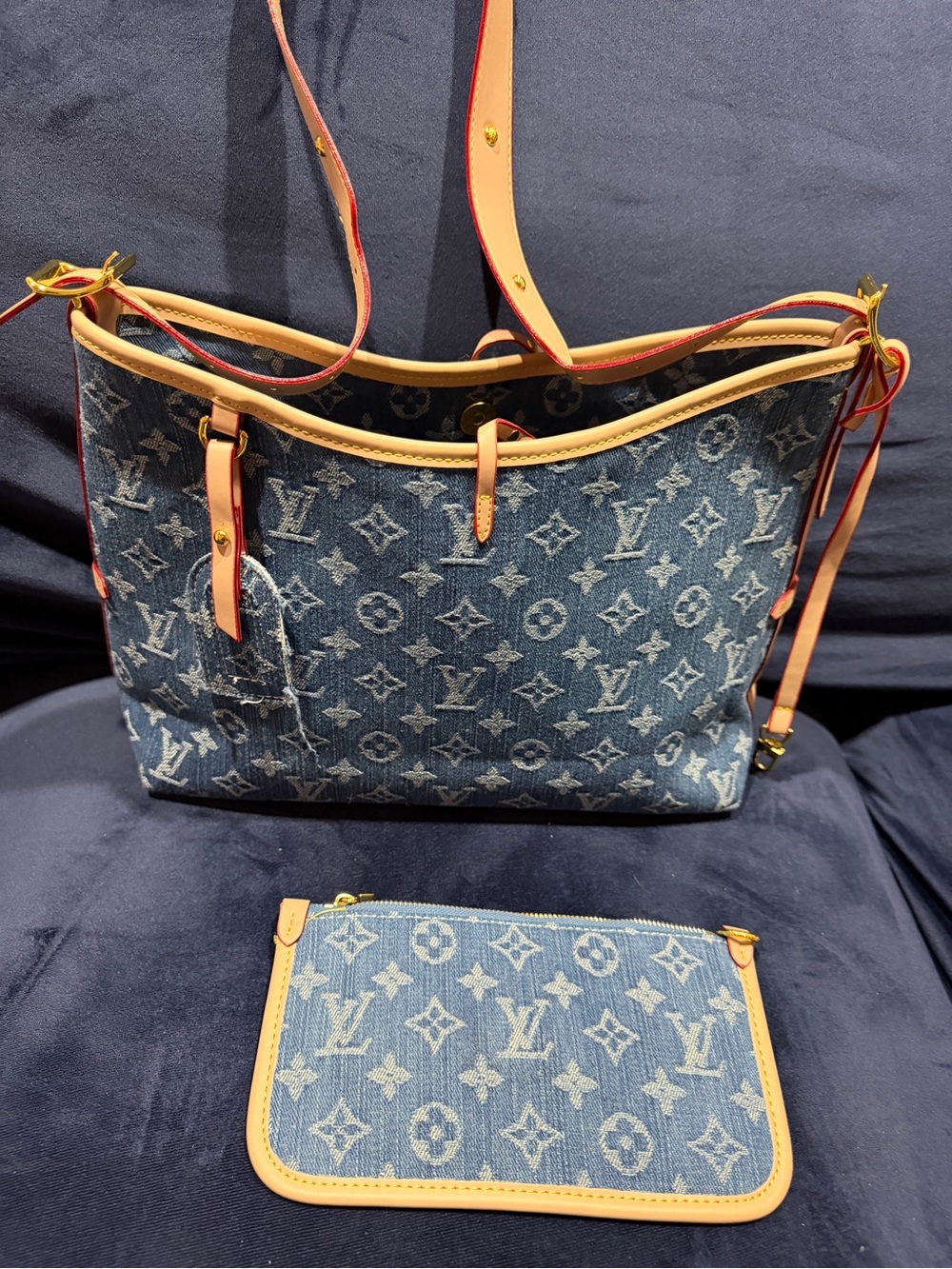 Blue Monogram Denim Shoulder Bag with Beige Trim